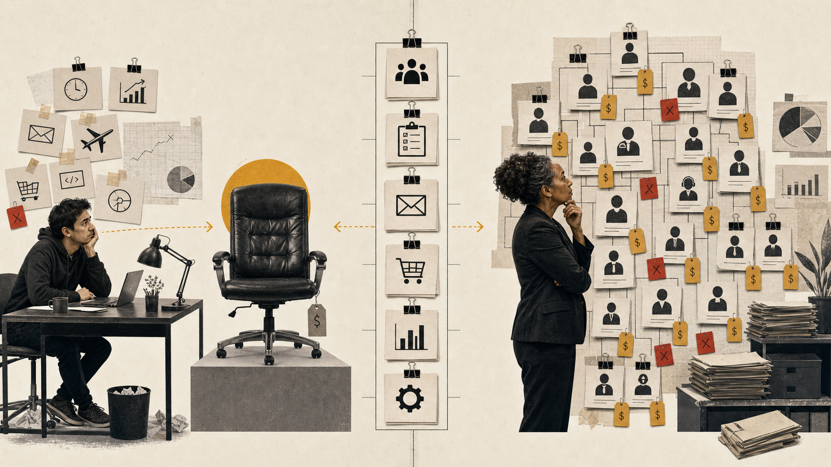 A small founder facing an unaffordable hire and an established company reviewing accumulated roles and payroll